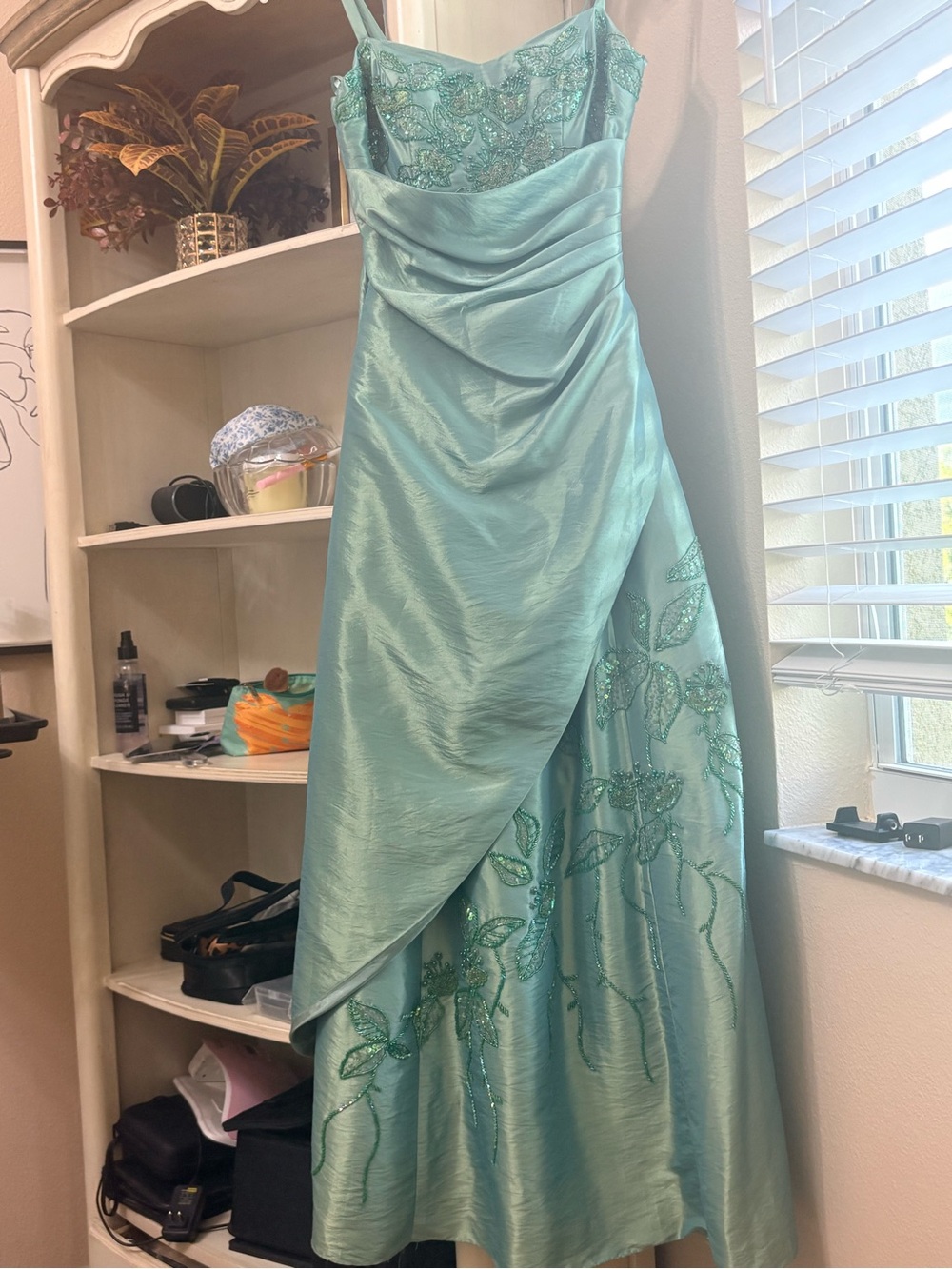 Beaded Aqua Prom Dress with Draped Overlay